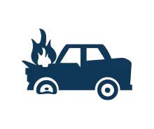 Blue car with flames coming from the hood and front wheel, indicating a vehicle fire.