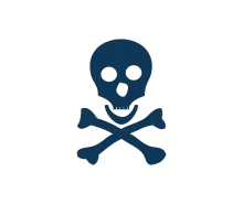 Dark blue skull and crossbones icon on a white background