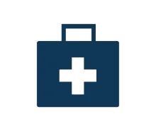 Blue medical kit icon with a white cross and handle