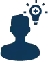 Dark blue silhouette with a lightbulb and medical-style plus icon above the head on white background