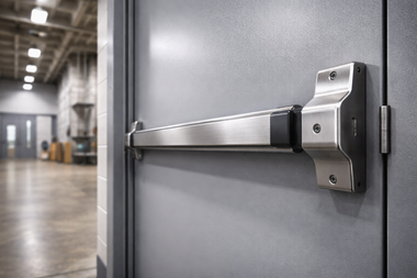 Close-up of a stainless steel panic bar push pad installed on a gray industrial metal door.