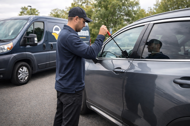 A service technician uses a lockout tool to open the locked door of a gray SUV in a parking lot.