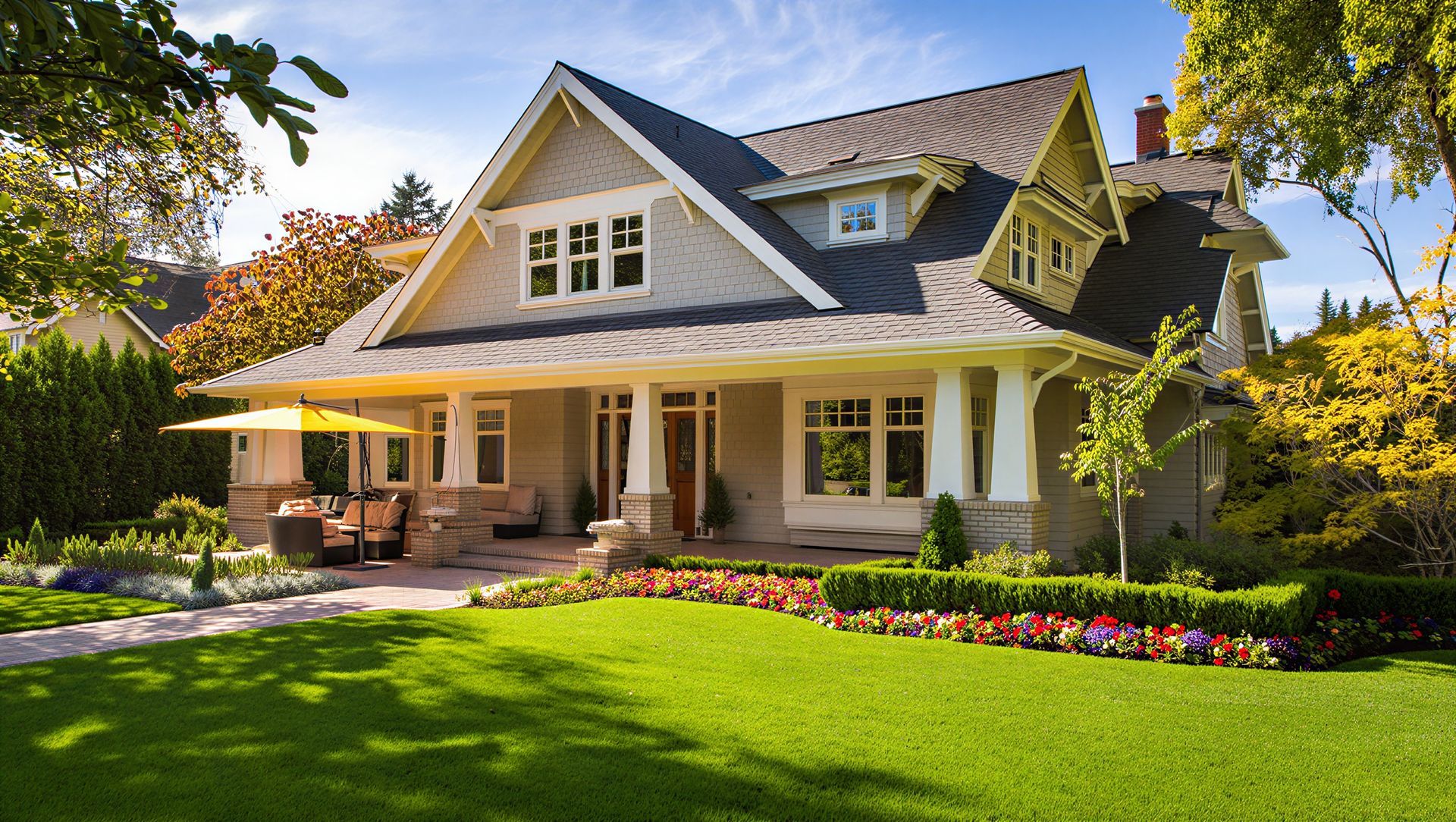 A two-story grey craftsman house with a front porch, large lawn, and colorful garden beds under a bright blue sky.