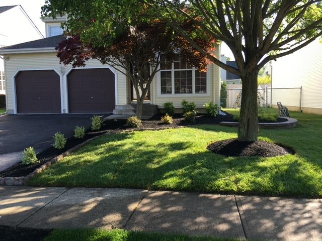House with landscaped front yard, green grass, trees, and dark mulch beds.