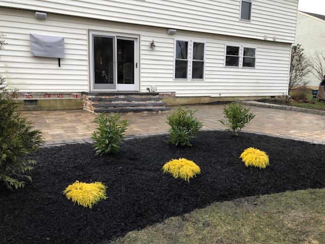 Backyard with patio, house, and flower bed. Yellow and green bushes in dark mulch.