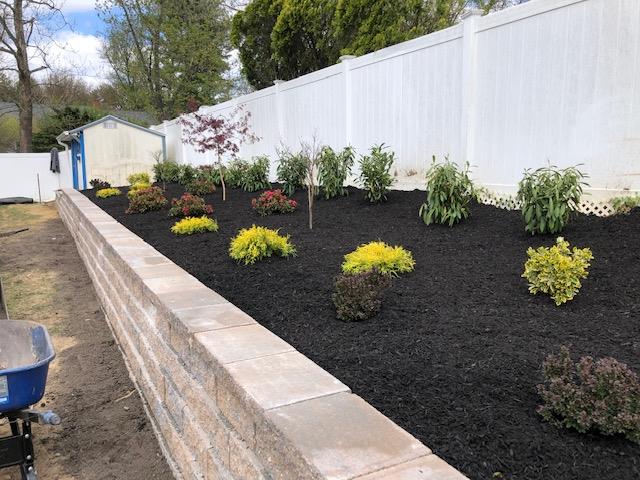 A new landscaped garden bed with a retaining wall, black mulch, and various green and red shrubs.