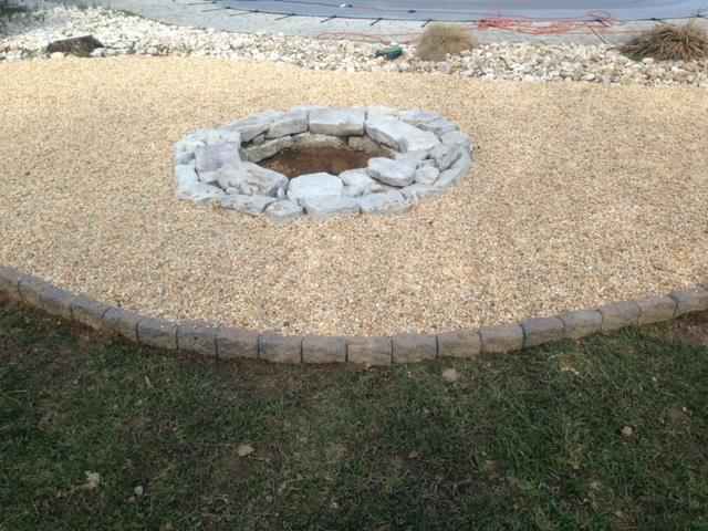 A rock-lined fire pit in a gravel area, surrounded by a border and grass.