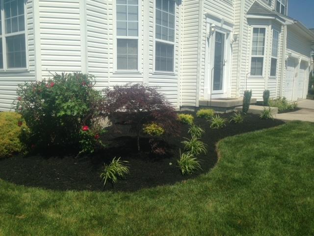 White house with manicured flower bed, dark mulch, and green grass.