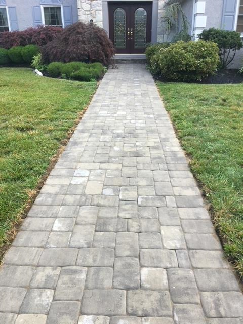 Stone path leading to a front door with landscaping on both sides.