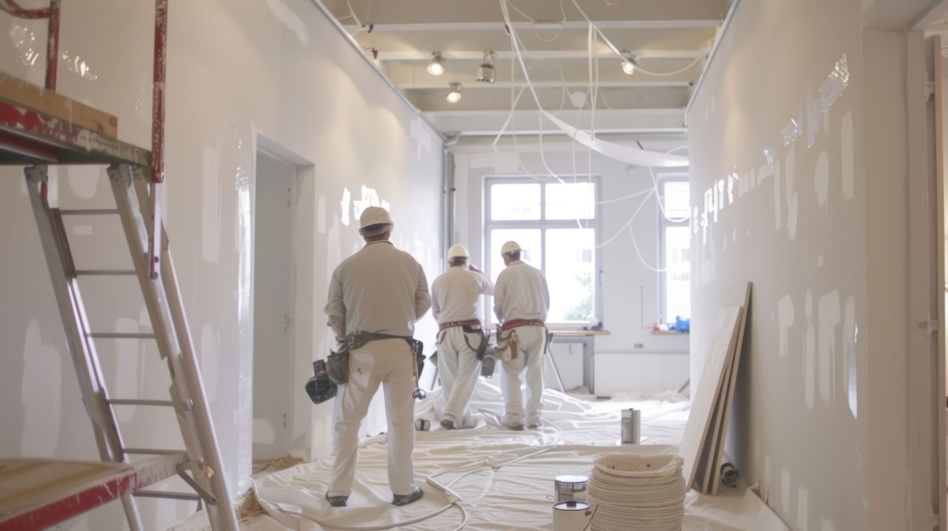 Workers painting a bright, unfinished room with ladders and supplies during renovation.