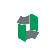 Groen en grijs abstract logo met een vierkante vorm en gebogen randen, op een witte achtergrond.
