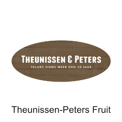 Theunissen & Peters Fruit logo on a wooden oval. Text: Theunissen & Peters, Telers sinds meer dan 30 jaar.