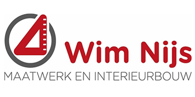 Logo van Wim Nijs, een bedrijf, met een rood vierkant in een grijze cirkel en de bedrijfsnaam in rode tekst.