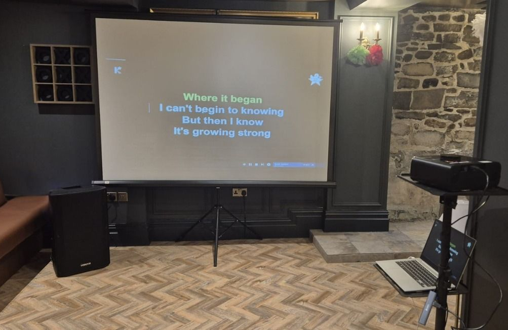 Projection screen with karaoke lyrics in a stone-walled room, flanked by speakers and a projector stand.