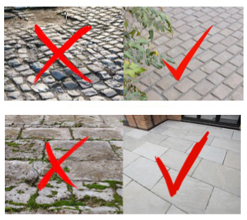 Cobblestone and paved surfaces compared: rough, uneven stones marked X; smooth paving marked with check marks.