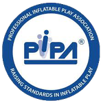 Blue circular PIPA logo for the Professional Inflatable Play Association with “Rising Standards in Inflatable Play” text