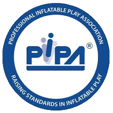 Blue circular PIPA logo for the Professional Inflatable Play Association with “Rising Standards in Inflatable Play” text