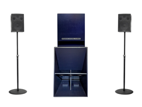 Two black speakers flanking a blue speaker cabinet on stands
