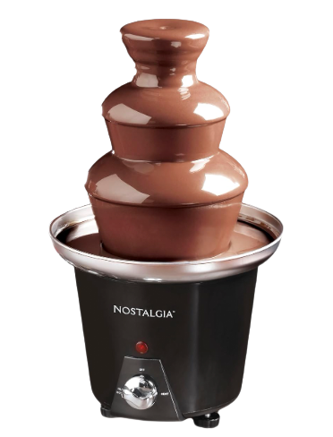 Chocolate fountain with stacked brown tiers in a black Nostalgia base