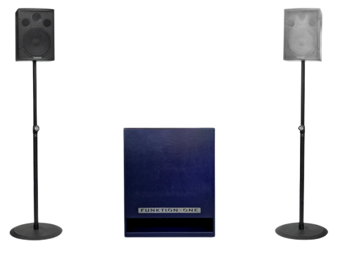 Two black speakers on stands flanking a blue book or binder centered on a white background