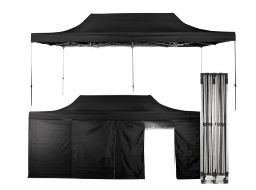 Black pop-up canopy tent with matching sidewalls and carrying frame on a white background