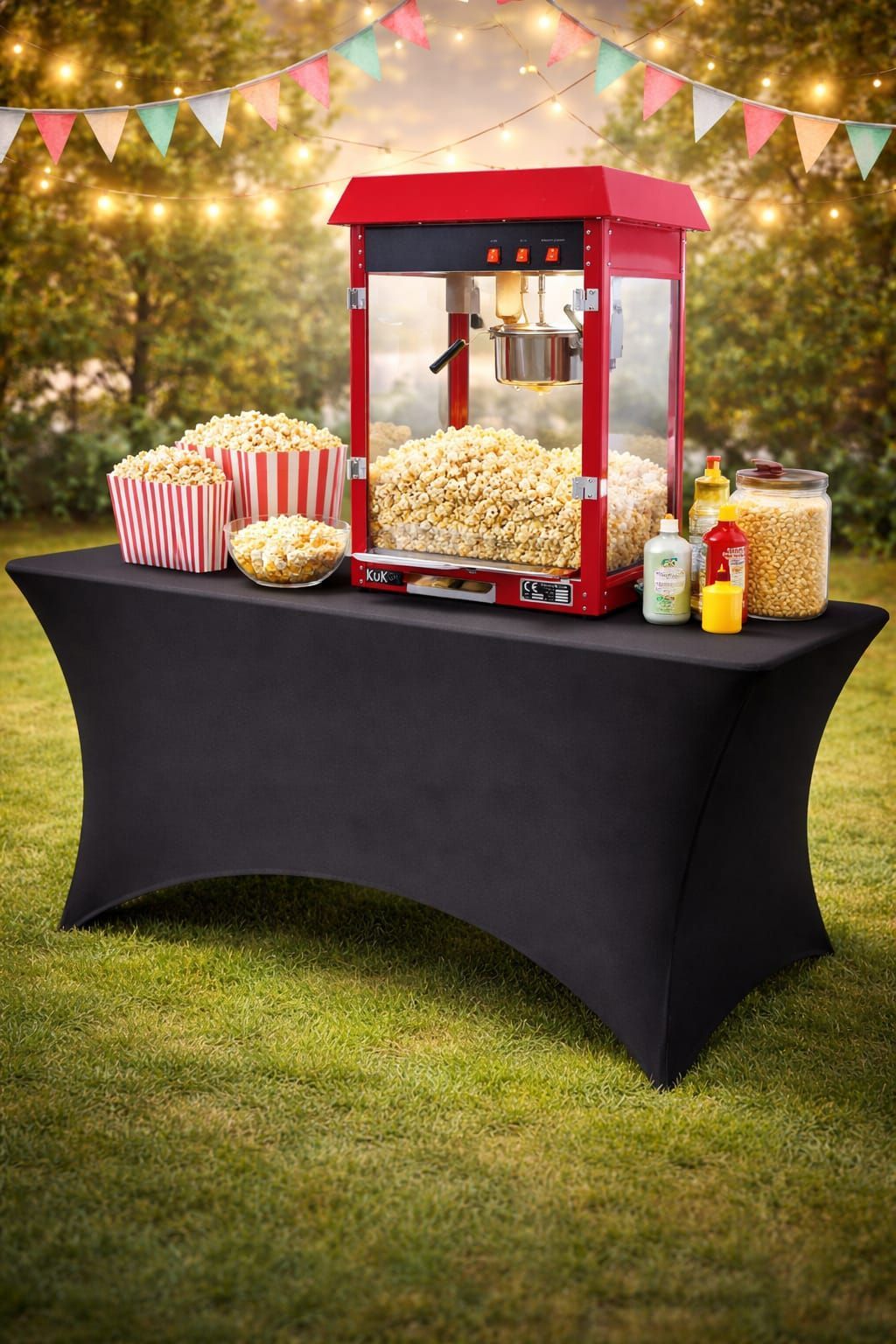 Outdoor popcorn machine on a black table with popcorn boxes and toppings at a festive party setting