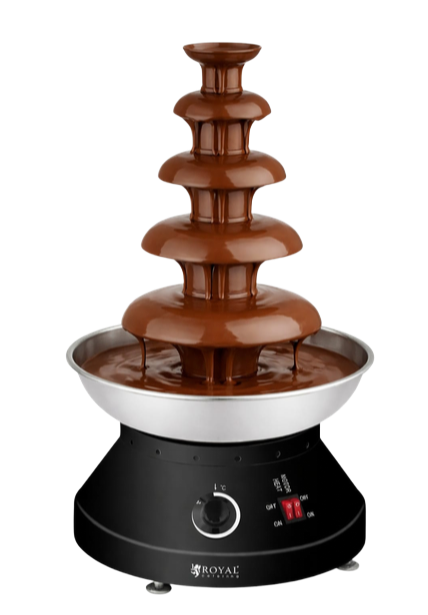 Chocolate fountain with flowing brown chocolate on a black base and silver basin