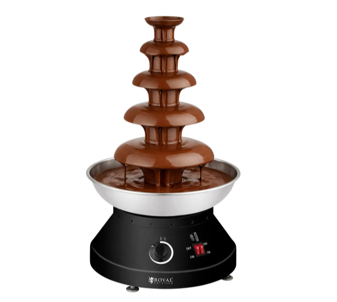 Chocolate fountain with cascading brown chocolate in a black tabletop base
