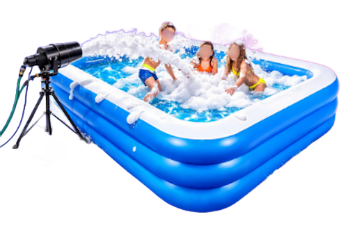 Children splashing in a blue inflatable pool with a pool pump on the left