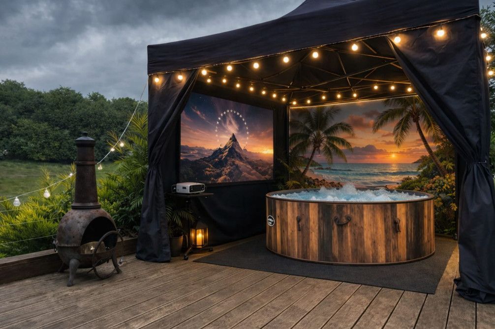 Cozy outdoor lounge with string lights, hot tub, fire pit, and scenic sunset wall art