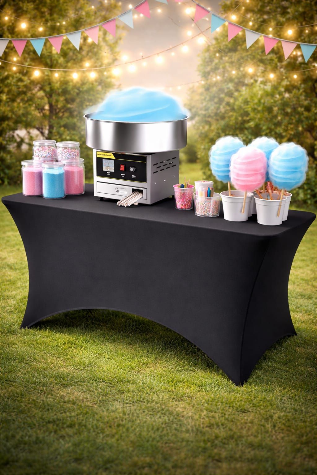 Cotton candy machine on black table with pastel candy treats and lanterns in a festive outdoor setting