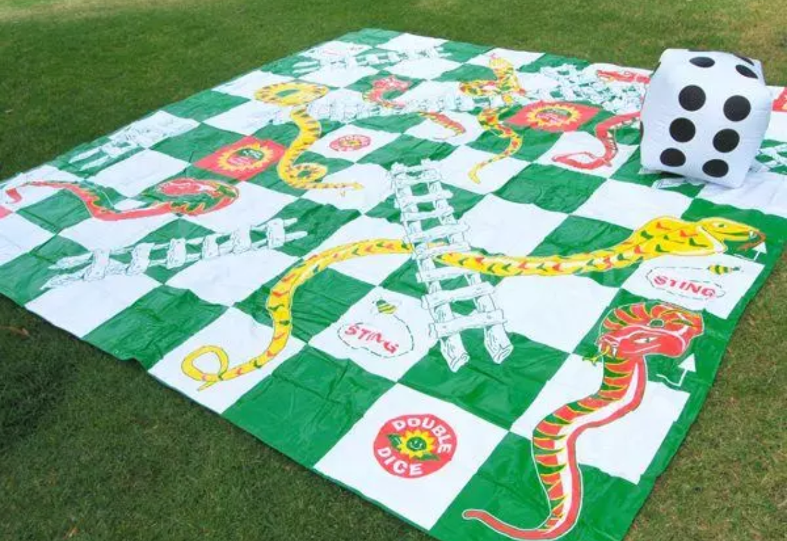 Outdoor board game mat with colorful snake and ladder paths, cards, and a large die on grass