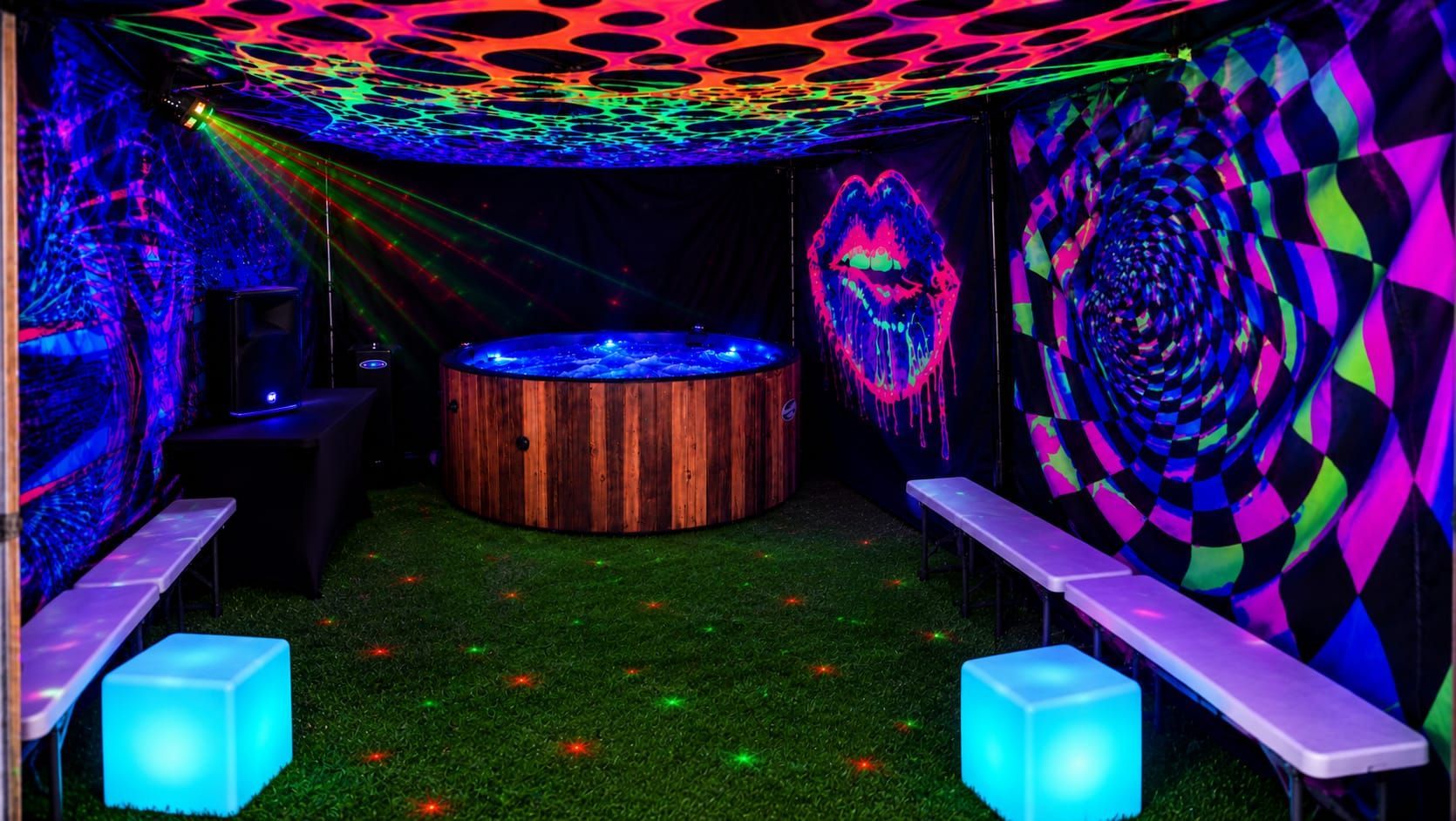 Backyard hot tub under a beige gazebo with curtains and a tropical mural backdrop