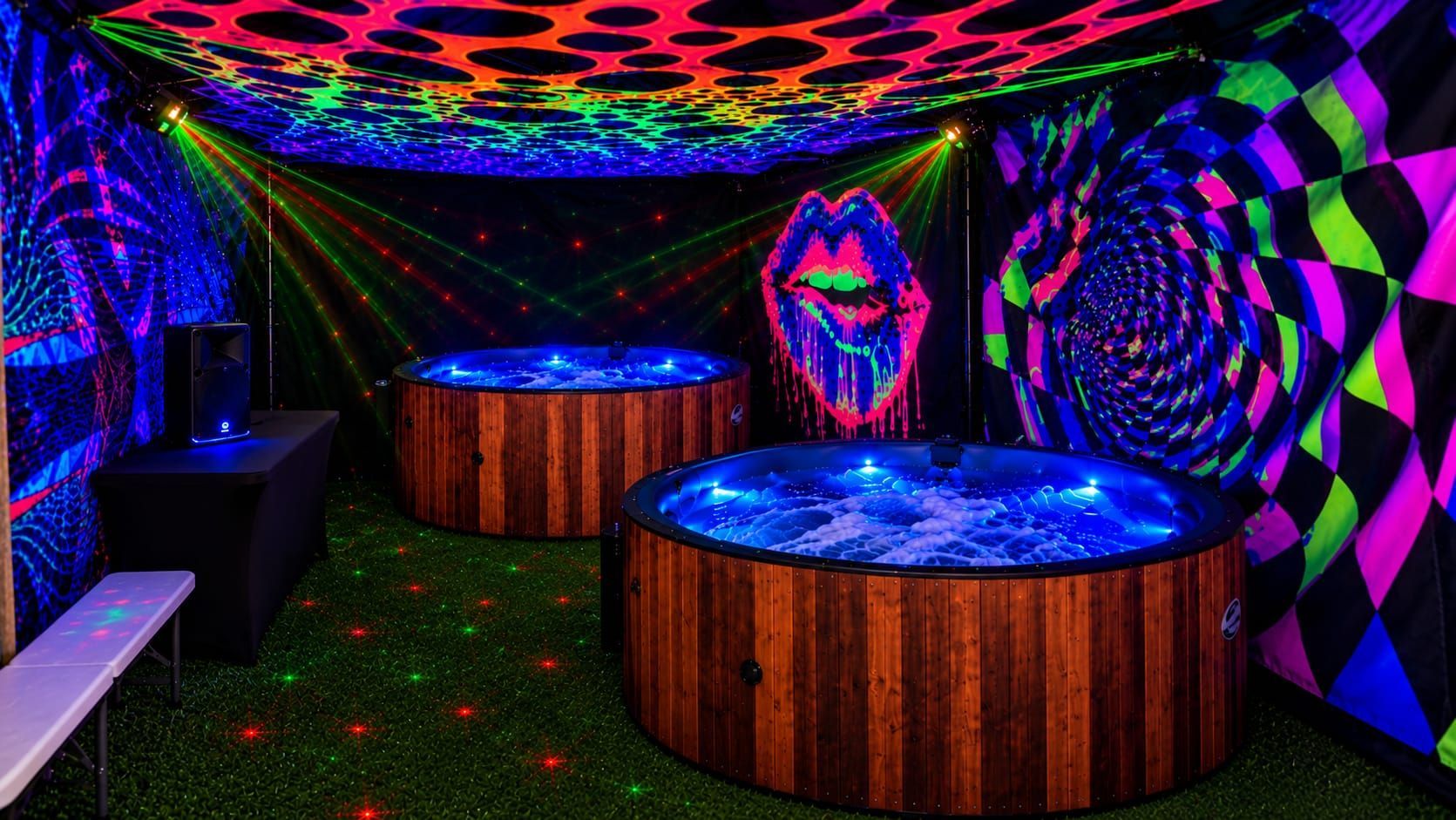 Black tent with string lights and two wood-sided hot tubs glowing blue and purple at dusk