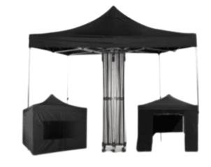 Black pop-up canopy tent with two enclosed side booths and a center support frame on white background