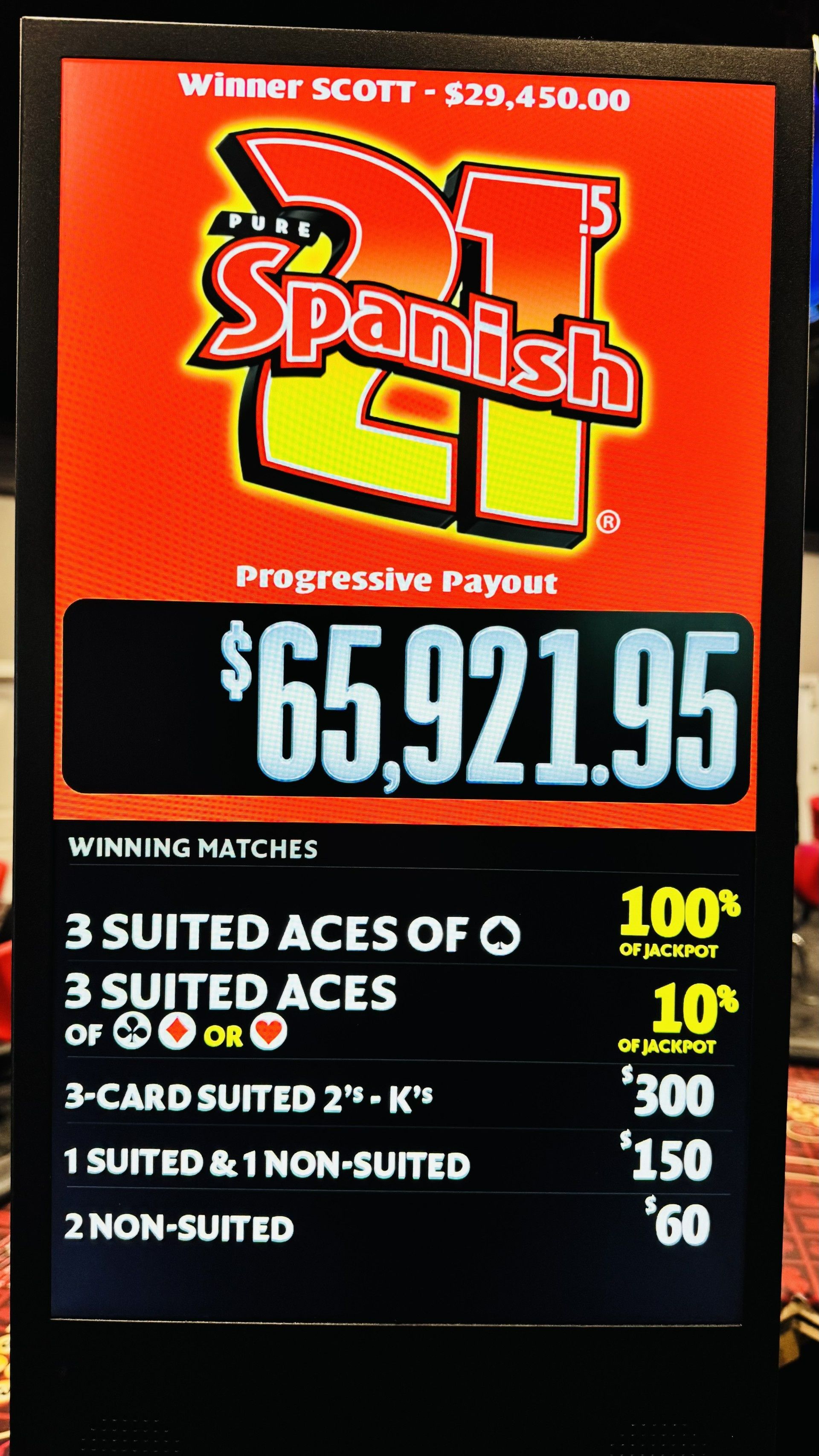 Orange and black lottery sign for “Spanish 21” showing a jackpot of $65,921.95 and payout rules