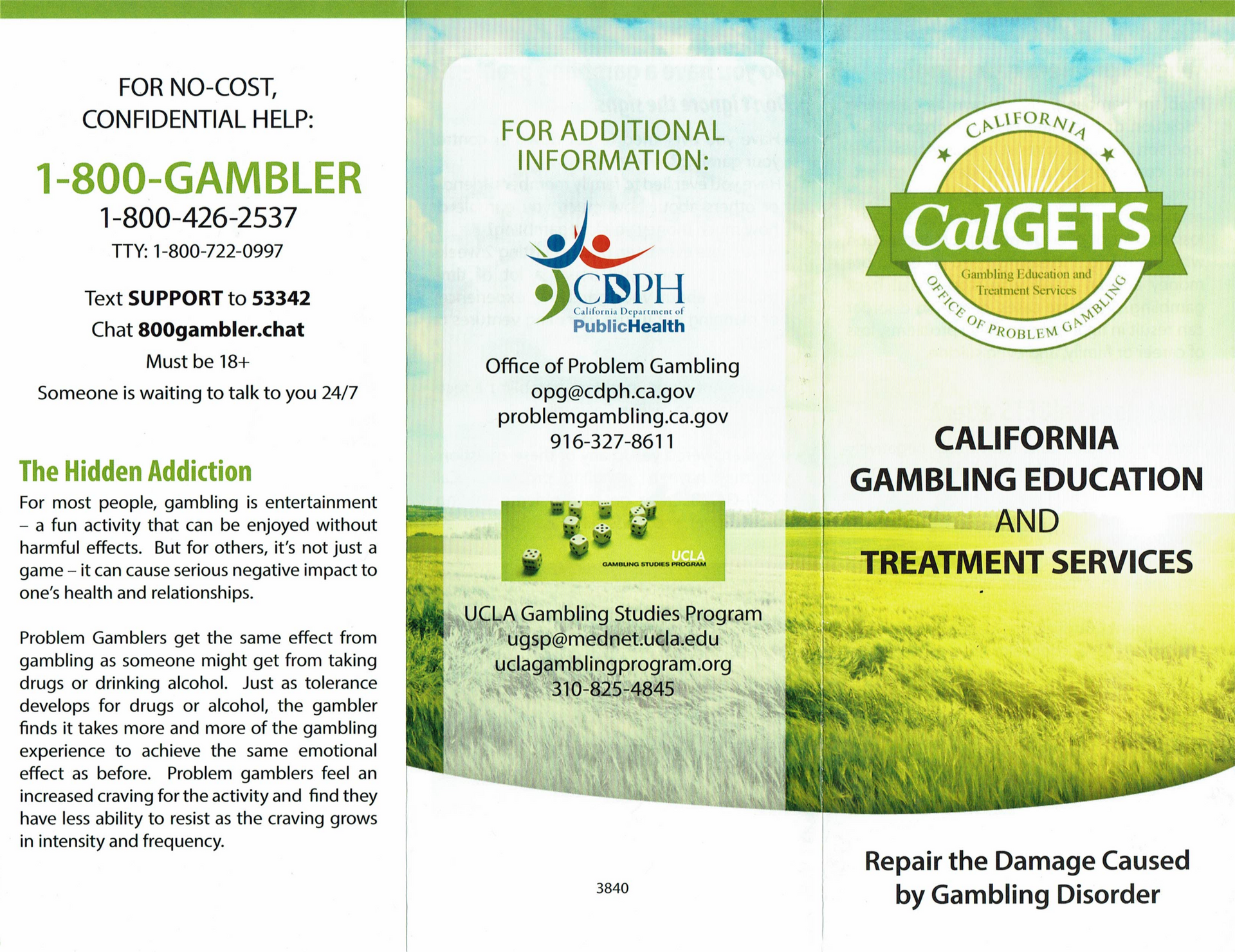 California gambling addiction treatment services brochure with 1-800-GAMBLER helpline and green logo