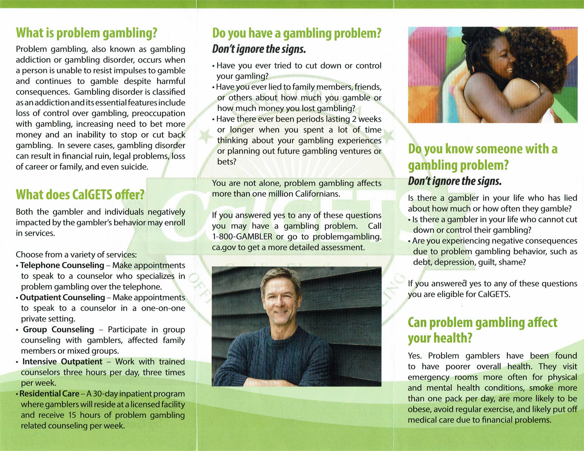 Gambling help brochure with green sections, photos, and headings about signs, getting help, and impacts