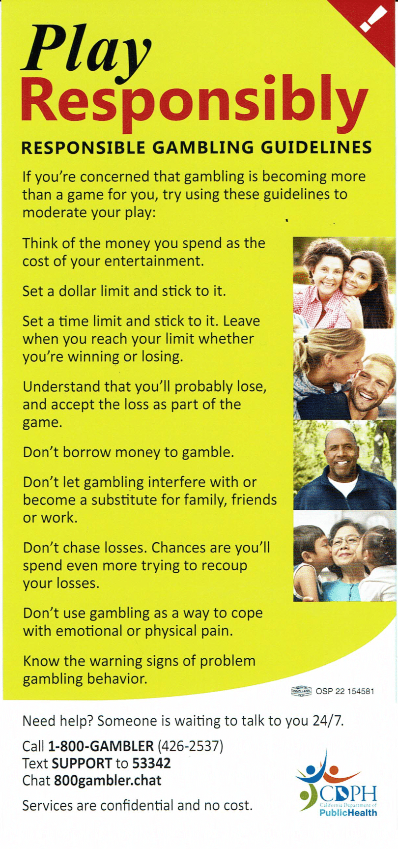 “Play Responsibly” gambling guidelines poster with yellow-green background and small photos of people