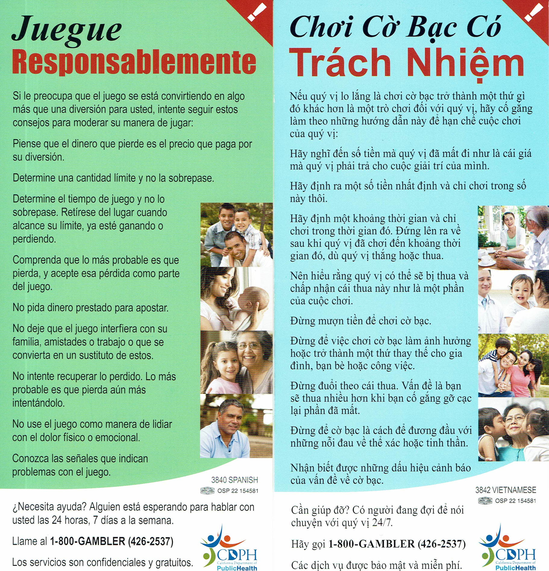 Side-by-side Spanish and Vietnamese anti-gambling posters with text and small photos on green and blue backgrounds