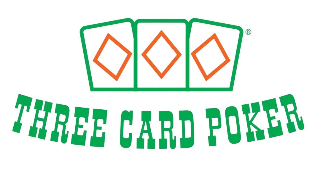 Three green playing cards with orange diamonds above the words “THREE CARD POKER”