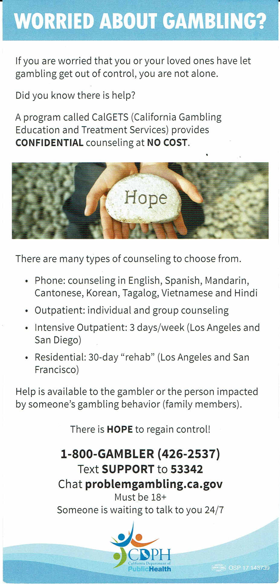 Blue flyer about gambling help, with “WORRIED ABOUT GAMBLING?” and a Hope stones image over a blue sky and ocean background