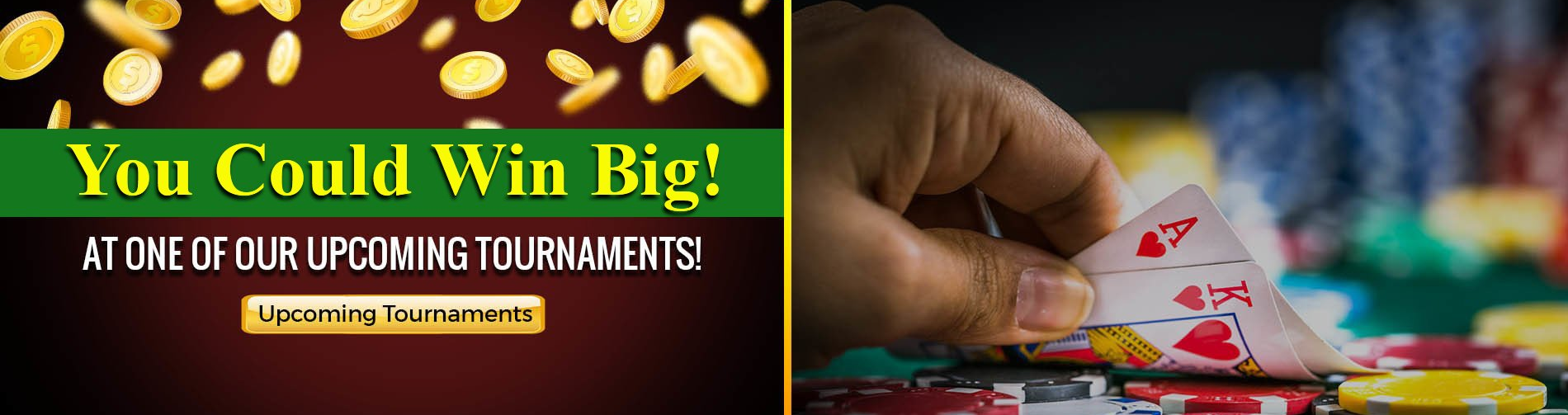 Poker promo with “You Could Win Big!” text and a hand holding playing cards over casino chips