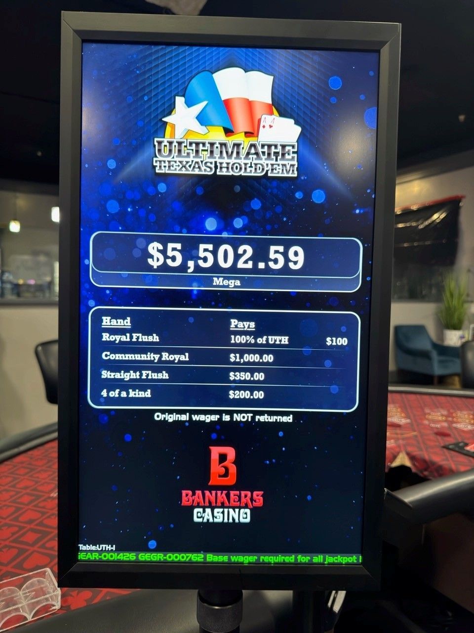 Bankers Casino digital raffle display showing $5,502.59 jackpot prize amount