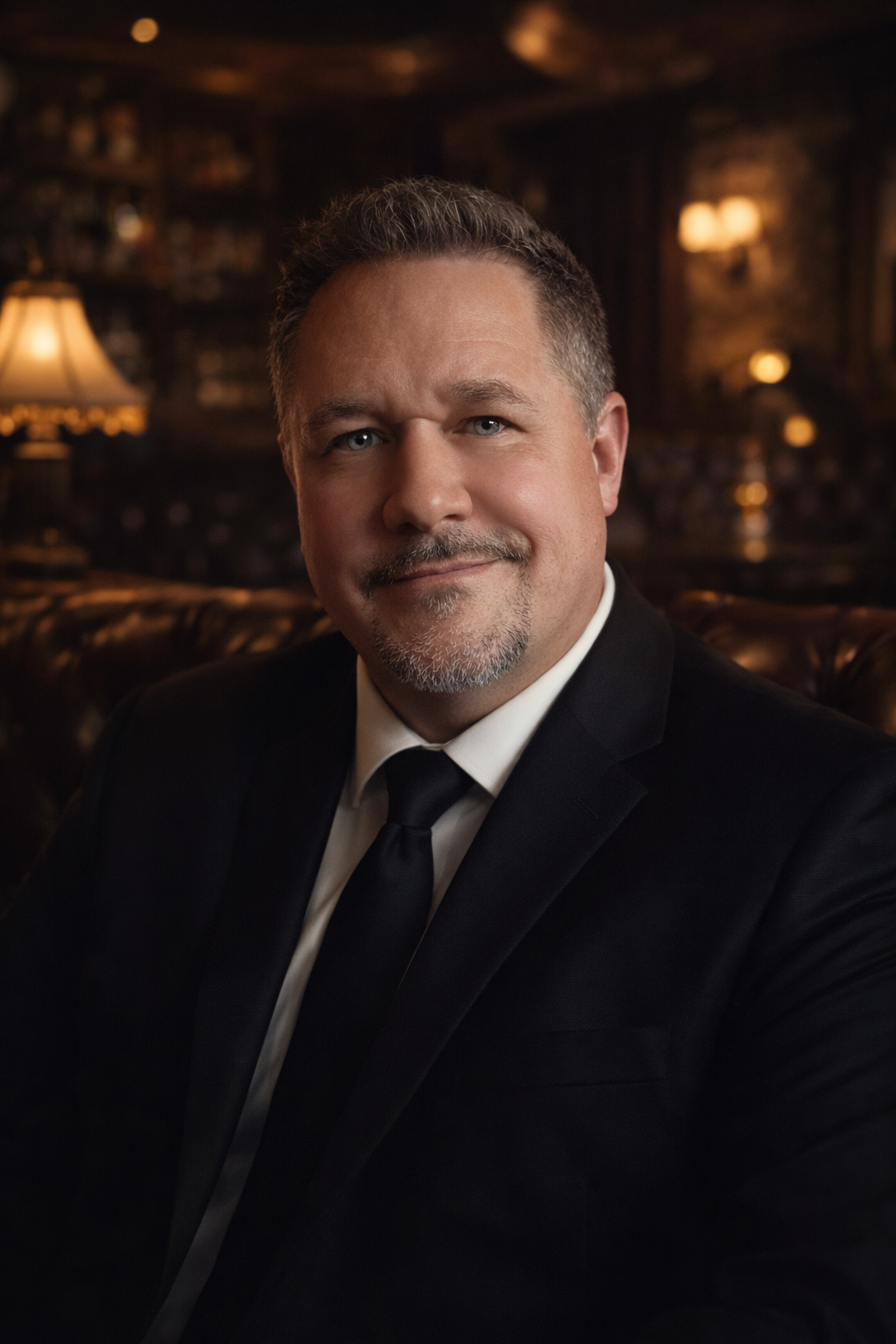 Portrait of a man in a dark suit, smiling in a warmly lit, elegant room