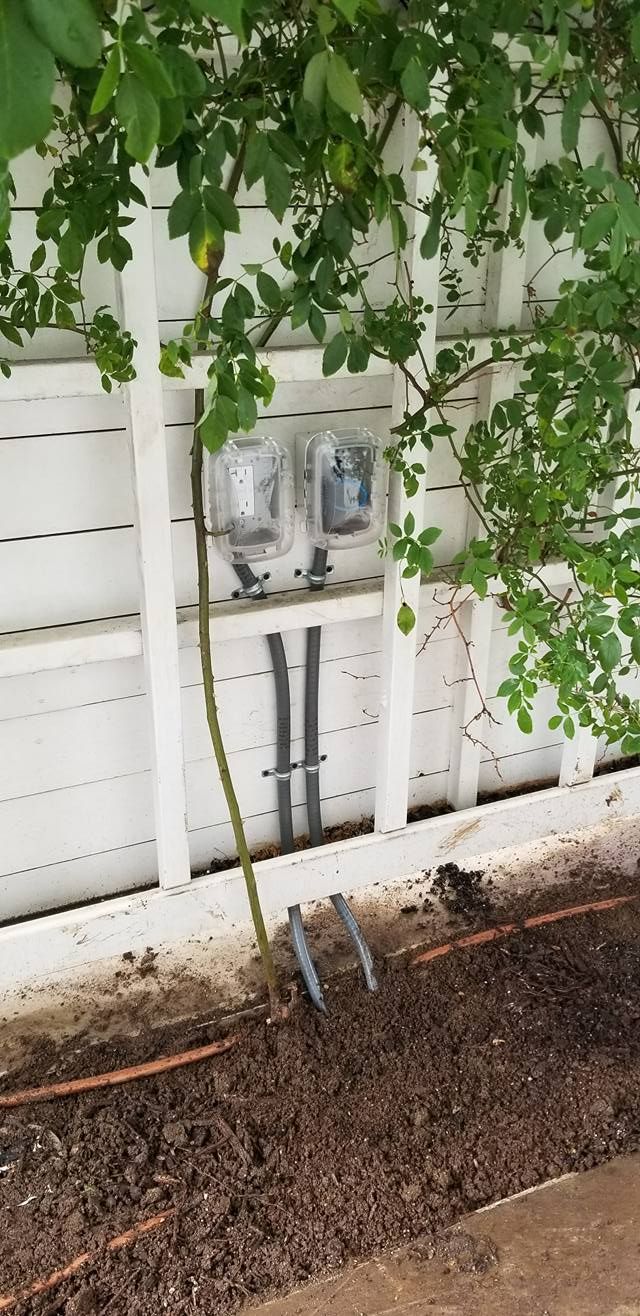 Electric meter box on white fence with landscaping and foliage.