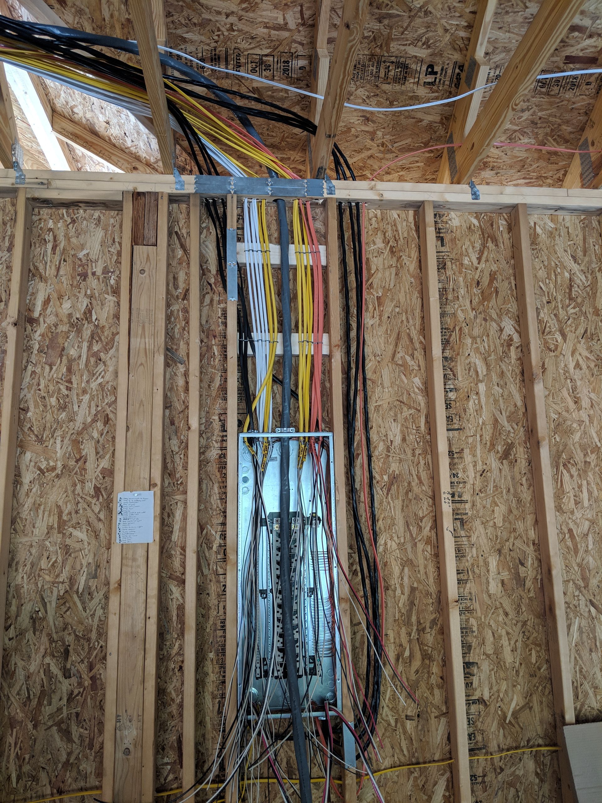 Electrical panel installed within a wood-framed wall; numerous wires extend above and below.