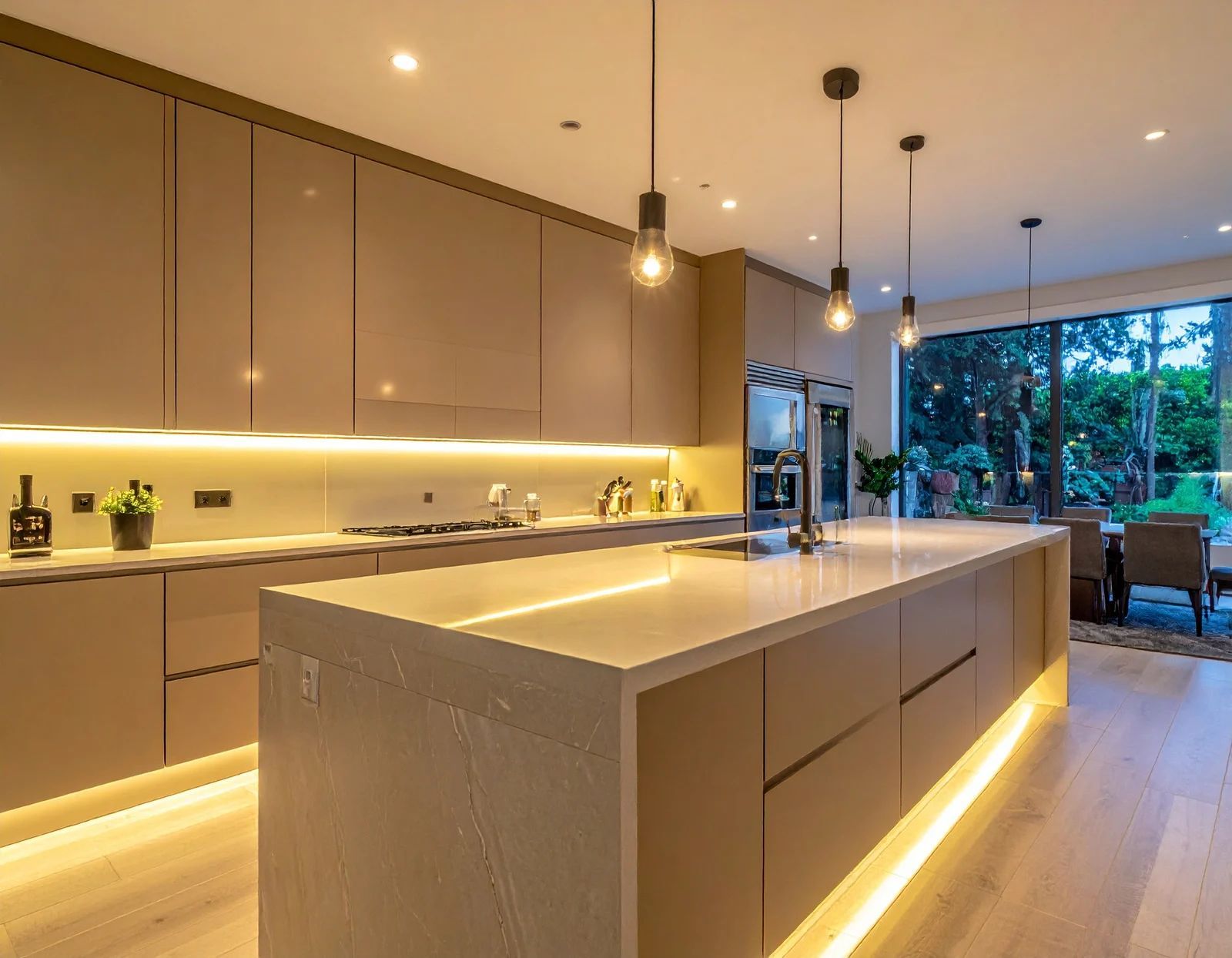 Modern beige kitchen with large island, warm under-cabinet lighting, and open view to a patio through glass doors