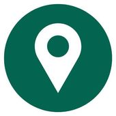 Green location pin icon on a white background inside a dark green circle