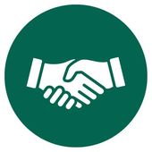 White handshake icon on a green circle, symbolizing agreement or partnership